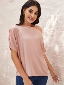 SHEIN Blusa unicolor de cuello asimétrico - Rosa vieja - Ver 3