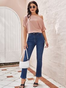 SHEIN Blusa unicolor de cuello asimétrico - Rosa vieja - Ver 4