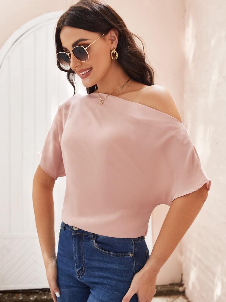 SHEIN Solid Asymmetrical Neck Blouse - Dusty Pink - View 5