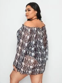 Plus Snakeskin Print Off The Shoulder Cover Up Dress, For Summer Beach Vacation - Multicolor - View 2