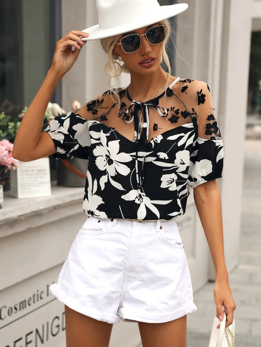 SHEIN Frenchy Áo sơ mi nữ Tương phản Mesh Thắt nơ trước Hoa Boho - Đen và trắng - Xem 1