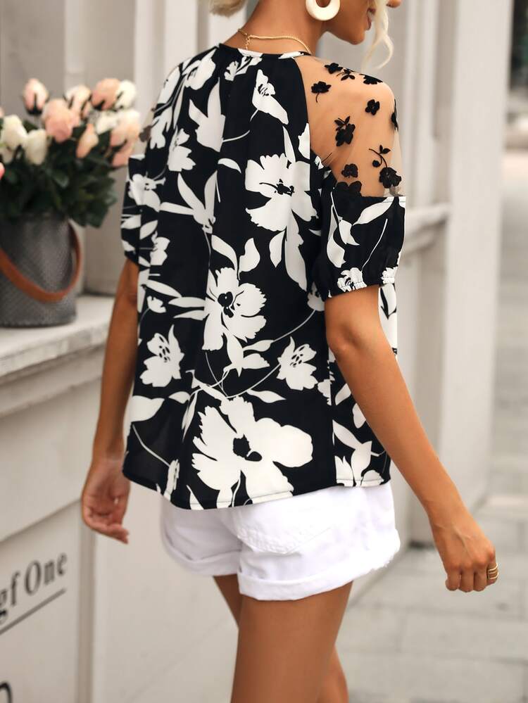SHEIN Frenchy Áo sơ mi nữ Tương phản Mesh Thắt nơ trước Hoa Boho - Đen và trắng - Xem 2
