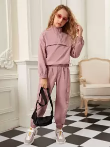 SHEIN Cô gái Tween Vạt trước một nửa khóa kéo Áo khoác Và Quần Cargo Bộ - Bụi hồng - Xem 1