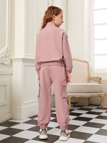 SHEIN Cô gái Tween Vạt trước một nửa khóa kéo Áo khoác Và Quần Cargo Bộ - Bụi hồng - Xem 2