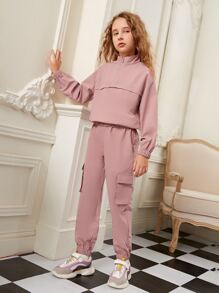 SHEIN Cô gái Tween Vạt trước một nửa khóa kéo Áo khoác Và Quần Cargo Bộ - Bụi hồng - Xem 3