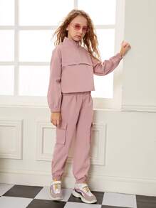 SHEIN Cô gái Tween Vạt trước một nửa khóa kéo Áo khoác Và Quần Cargo Bộ - Bụi hồng - Xem 4