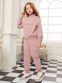 SHEIN Cô gái Tween Vạt trước một nửa khóa kéo Áo khoác Và Quần Cargo Bộ - Bụi hồng - Xem 5