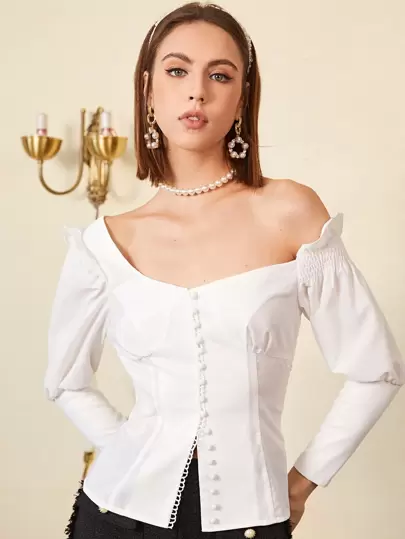SHEIN Button Up Shirred Ruffle Trim Blouse