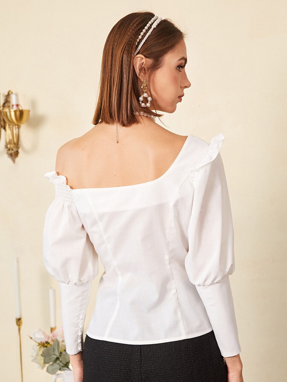 Button Up Shirred Ruffle Trim Blouse