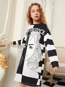 SHEIN Girls Drop Shoulder Figure and Striped Dress - Black and White - View 3