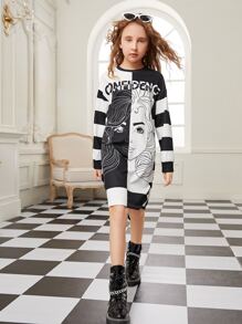 SHEIN Girls Drop Shoulder Figure and Striped Dress - Black and White - View 4