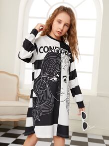 SHEIN Girls Drop Shoulder Figure and Striped Dress - Black and White - View 5