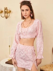 SHEIN Unity Bell Sleeve Shirred Jacquard Crop Top & Slit Hem Skirt Set - Baby Pink - View 1
