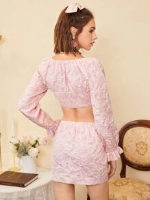 SHEIN Unity Bell Sleeve Shirred Jacquard Crop Top & Slit Hem Skirt Set - Baby Pink - View 2