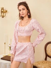 SHEIN Unity Bell Sleeve Shirred Jacquard Crop Top & Slit Hem Skirt Set - Baby Pink - View 3
