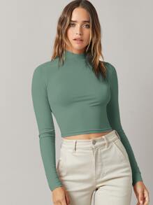 SHEIN BASICS Áo thun nữ màu trơn Giải trí - màu xanh lá - Xem 4