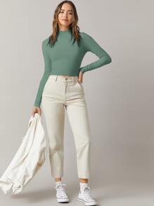 SHEIN BASICS Áo thun nữ màu trơn Giải trí - màu xanh lá - Xem 5