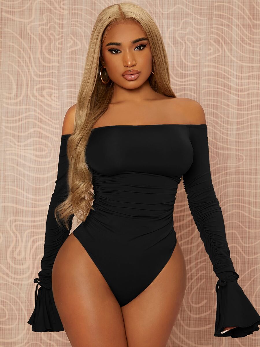 SHEIN SXY Off Shoulder Flounce Sleeve Ruched Bodysuit - Black - View 1