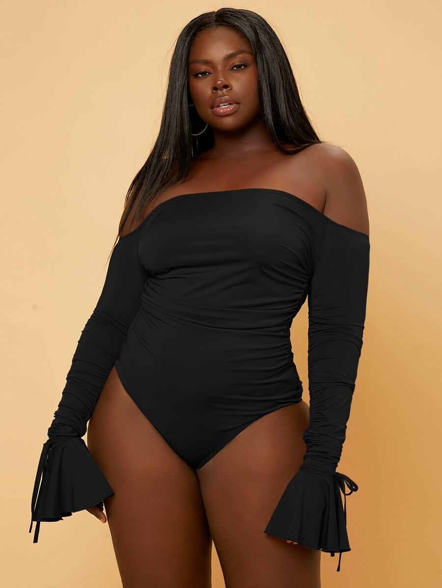 Slaydiva Plus Off Shoulder Flounce Sleeve Bodysuit - Black - View 1