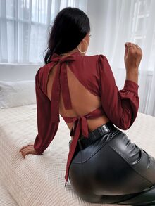 SHEIN SXY 後背繫帶泡泡袖短款襯衫 - 酒紅色 - 查看 4