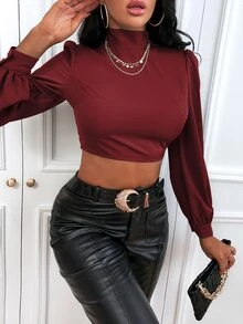 SHEIN SXY 後背繫帶泡泡袖短款襯衫 - 酒紅色 - 查看 6