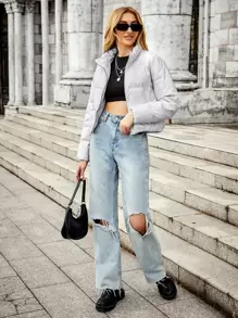 SHEIN EZwear Solid Zip Up Padded Coat For Winter Wear - Light Grey - View 3