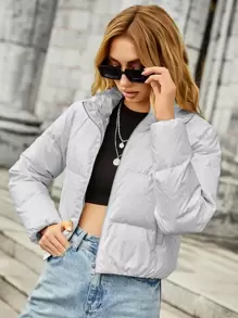 SHEIN EZwear Solid Zip Up Padded Coat For Winter Wear - Light Grey - View 4