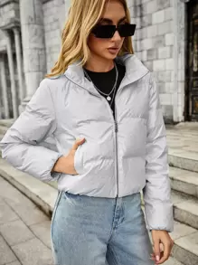 SHEIN EZwear Solid Zip Up Padded Coat For Winter Wear - Light Grey - View 5