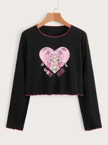 ROMWE Camiseta con estampado de figura ribete en forma de lechuga - Negro - Ver 1