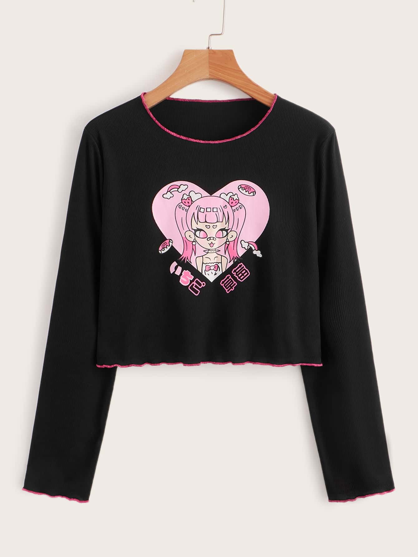 ROMWE Camiseta con estampado de figura ribete en forma de lechuga - Negro - Ver 1
