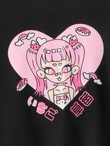 ROMWE Camiseta con estampado de figura ribete en forma de lechuga - Negro - Ver 3