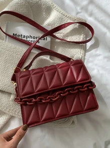 時尚純色壓花鏈條裝飾手提包、酒紅色包、包包和新年理想禮物 - 酒紅色 - 查看 2