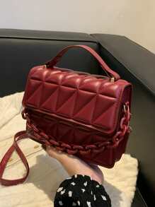 時尚純色壓花鏈條裝飾手提包、酒紅色包、包包和新年理想禮物 - 酒紅色 - 查看 4