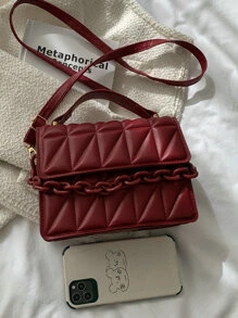 時尚純色壓花鏈條裝飾手提包、酒紅色包、包包和新年理想禮物 - 酒紅色 - 查看 6