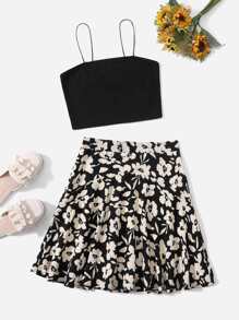 SHEIN Teen Girls Crop Cami Top And Floral Skirt Set - Multicolor - View 1