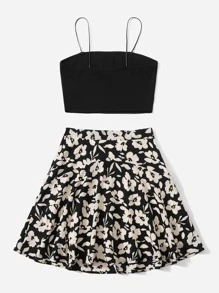 SHEIN Teen Girls Crop Cami Top And Floral Skirt Set - Multicolor - View 2