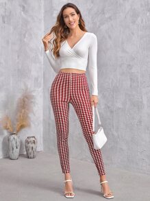 SHEIN Privé High Waist Houndstooth Leggings - Red and White - View 3