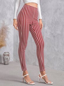 SHEIN Privé High Waist Houndstooth Leggings - Red and White - View 4