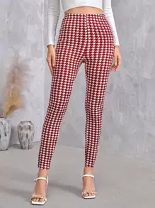 SHEIN Privé High Waist Houndstooth Leggings - Red and White - View 5