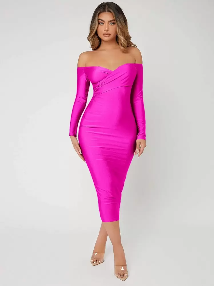 SHEIN SXY Vestido ajustado neón rosado de hombros descubiertos - Rosa Fucsia - Añade 5
