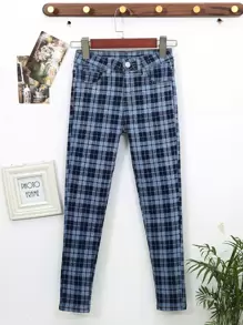 女孩格紋印花錐形牛仔褲 - 彩色 - 查看 1