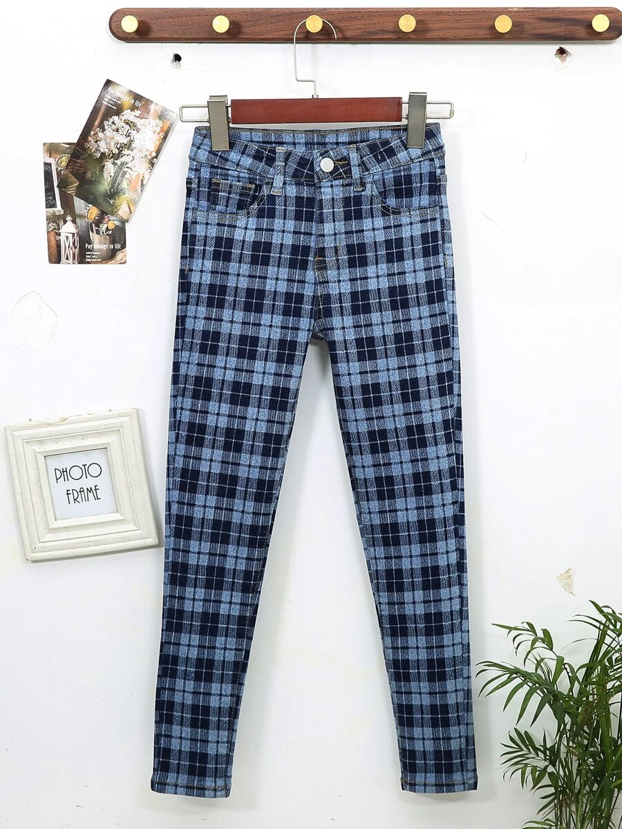 女孩格紋印花錐形牛仔褲 - 彩色 - 查看 1