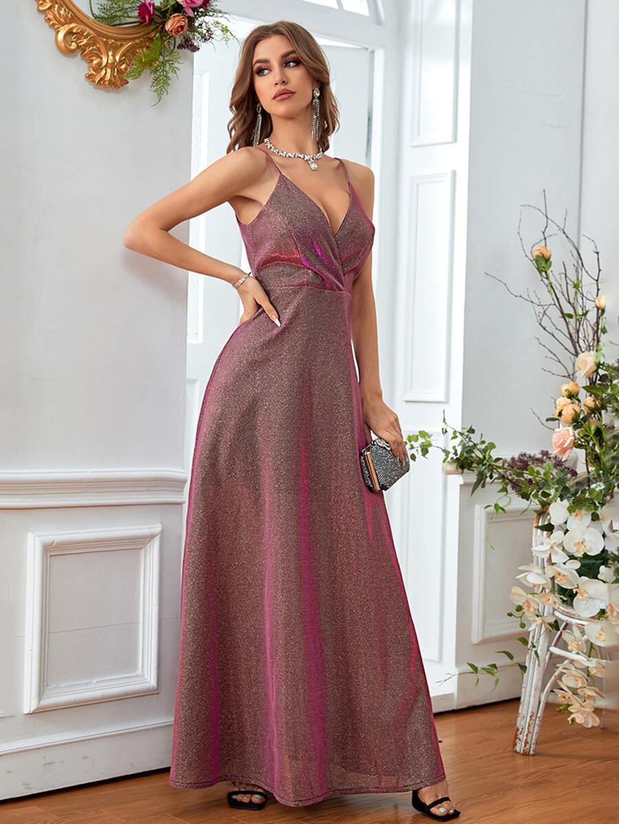 Vestido de fiesta de cuello cruzado brillante - Rosa Fucsia - Ver 1