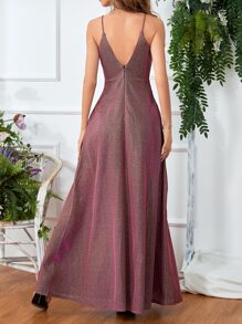 Vestido de fiesta de cuello cruzado brillante - Rosa Fucsia - Ver 2