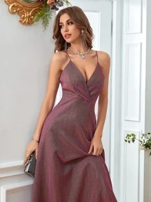 Vestido de fiesta de cuello cruzado brillante - Rosa Fucsia - Ver 4