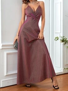 Vestido de fiesta de cuello cruzado brillante - Rosa Fucsia - Ver 6