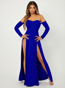 SHEIN SXY Vestido de hombros descubiertos con abertura alta - azul real - Ver 3