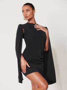 SHEIN SXY Cloak Sleeve Open Back O-Ring Zip Up Dress,Country - Black - View 3
