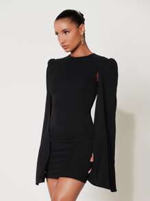SHEIN SXY Cloak Sleeve Open Back O-Ring Zip Up Dress,Country - Black - View 4