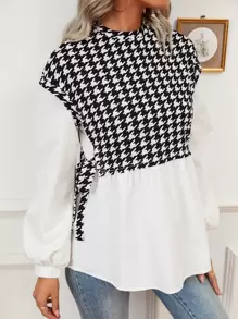 SHEIN Privé Houndstooth Bishop Sleeve Tie Side Drop Shoulder 2 In 1 Blouse - Black and White - View 1